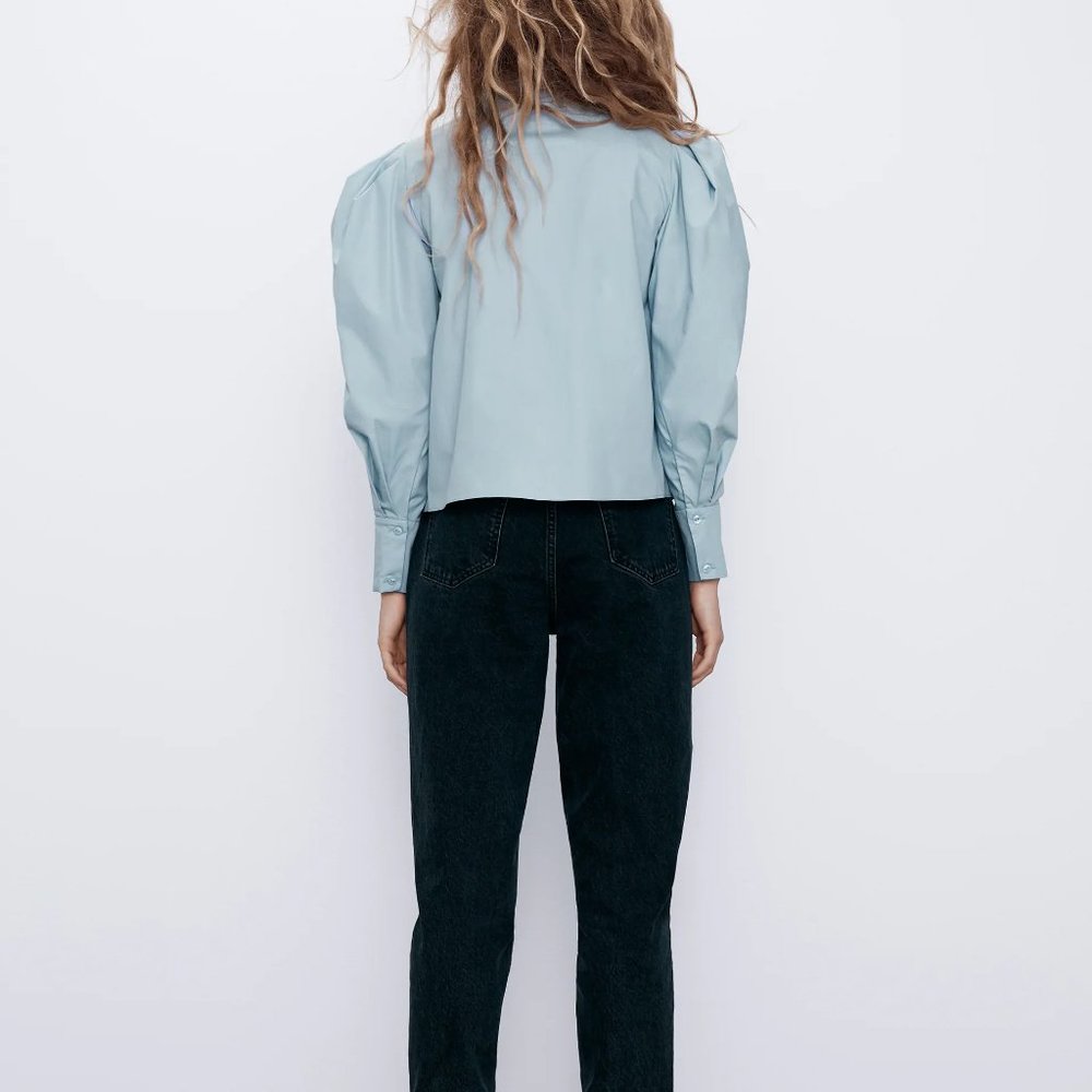 SOLD!!!Zara Ruffled High Collar Puff Sleeves Blue - Picture 7 of 9